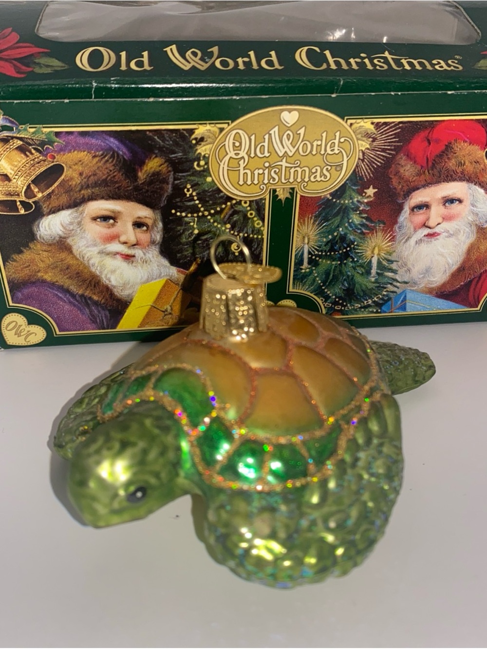 Old World Christmas Green & Gold Glass Sea Turtle Ornament Habitat Décor